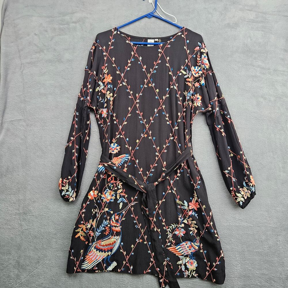 Seen Worn Kept Embroidered Bird Mini Dress Size 4 Black Boho Belted Folk Art